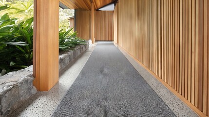 Modern architectural corridor featuring a sleek black runner rug, surrounded by wooden walls and lush greenery, creating a serene and inviting atmosphere for visitors
