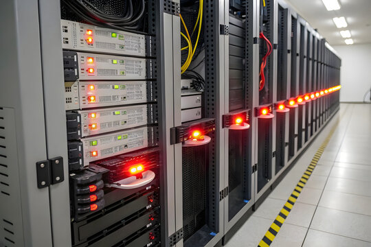 Computer network servers in a datacenter rack house essential technology and data storage equipment - Powered by Adobe