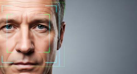 Caucasian man’s face with digital grid and biometric recognition overlay for security and identity verification system.