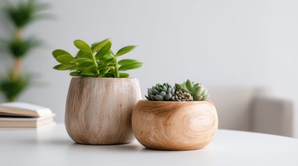 Two modern wooden planters with greenery on a white table