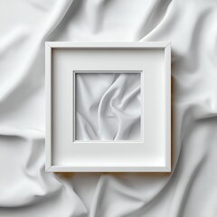 White frame on textured fabric background, minimalistic design.