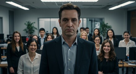 Confident leader stands proudly before his diverse team in a modern office, exuding strength and determination.