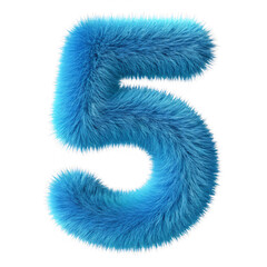 Blue wooden number five 3D illustration isolated on transparent background