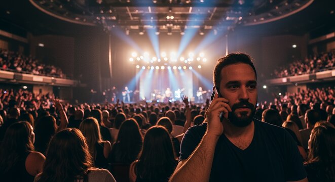 Man on phone call at a vibrant concert, lost in conversation amidst the energetic crowd and dazzling stage lights.