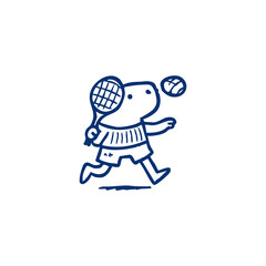 Simple line drawing of a cartoon animal playing tennis.  A stylized creature, holding a tennis racket and in motion, chasing a tennis ball.  Sketchy, playful, and dynamic