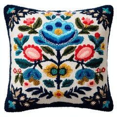 Embroidered decorative pillow with floral patterns and vibrant colors.