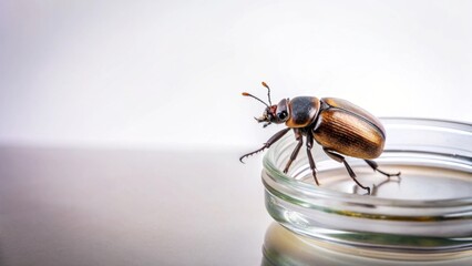 A Detailed Close-Up of a Brown Beetle on a Clear Glass Container Against a White Background