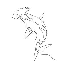 Continuous line of hammerhead shark fish underwater sea ocean marine wildlife animal sketch drawing editable stroke vector illustration