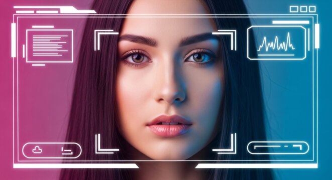 Woman's face with digital augmented reality technology overlay for facial recognition scan. Artificial intelligence concept for biometric identification.