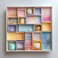 Colorful arrangement of decorative boxes and containers in a display.