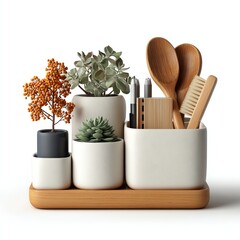 Stylish desk organizer with plants and utensils in minimalist pots.