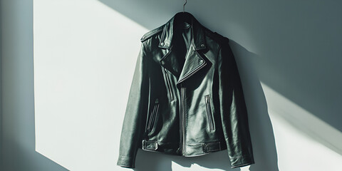Black Leather Jacket Hanging on Blue Wall