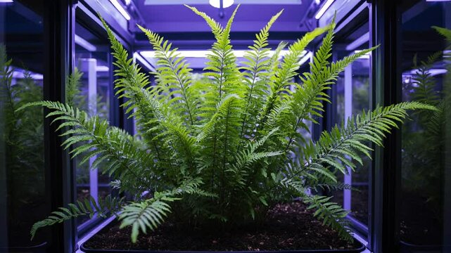 Vibrant Green Fern Thriving in a Botanic Environment Under Artificial Light Showcasing Nature's Beauty