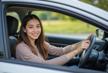 Naklejka premium Smiling teenage girl learns to drive silver car. Beginner student driver happy attends driving school course. Caucasian woman smiles and holds steering wheel. Road safety transport 32k resolution