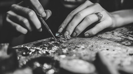 Obraz premium Woman assembling gemstone jewelry by hand in a home studio--highlighting the artistry and craftsmanship