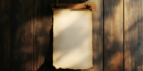 Vintage Blank Paper Scroll Hanging on Wooden Wall in Sunlight 