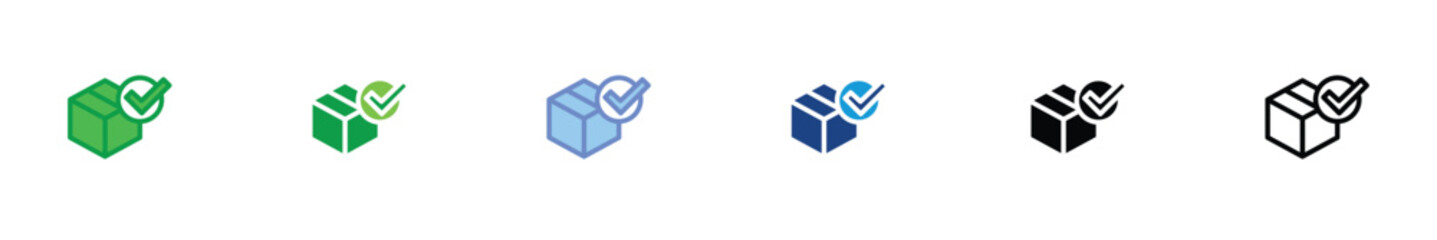 Delivered Package Icon – Flat Design Shipment Box with Checkmark Symbol in Multiple Styles and Colors
