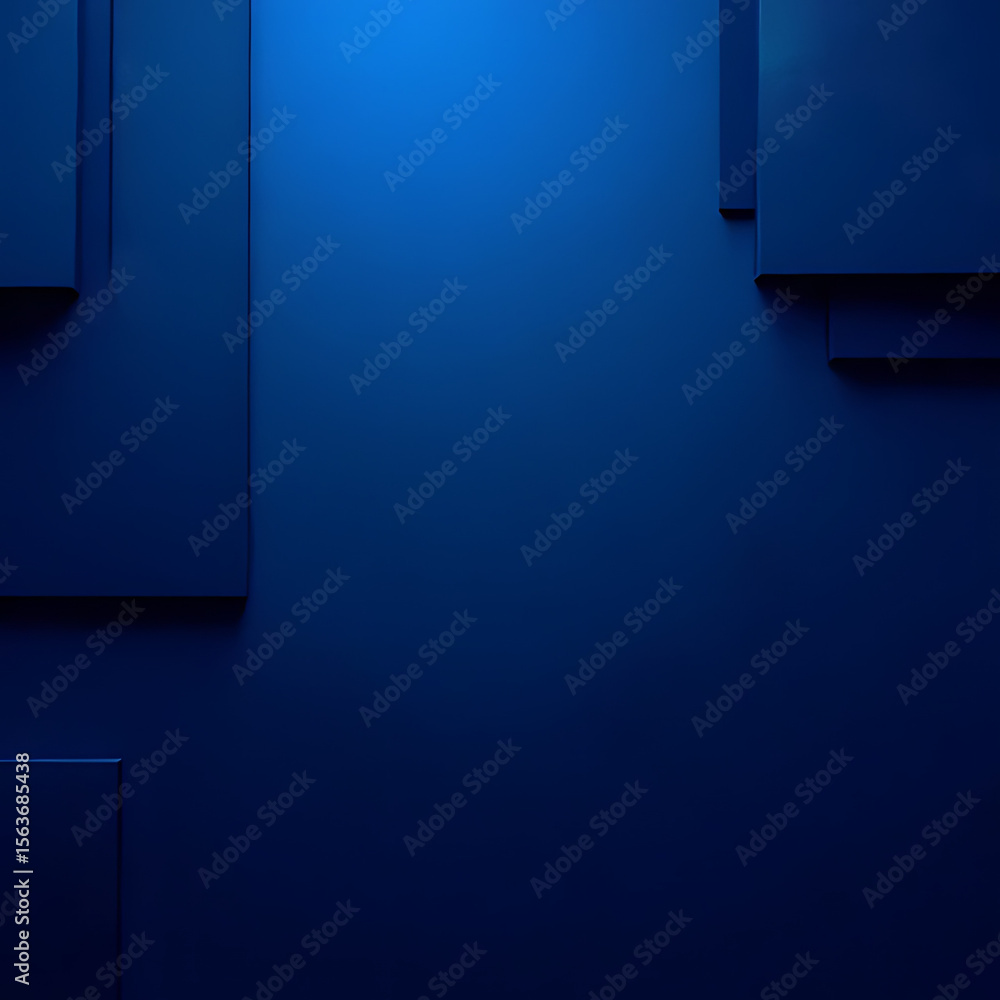 Poster abstract composition of dark blue geometric shapes with shadows on a solid blue background creating 