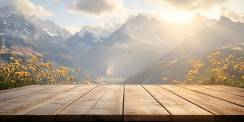Empty Wooden Table with Mountain Landscape View at Sunrise
