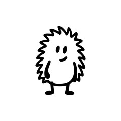 Simple black line drawing of a spiky, round creature with a happy face