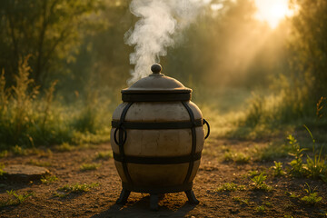 Traditional ceramic smoker barrel releasing aromatic smoke set on grassy field at dawn evoking rustic food smoking tradition