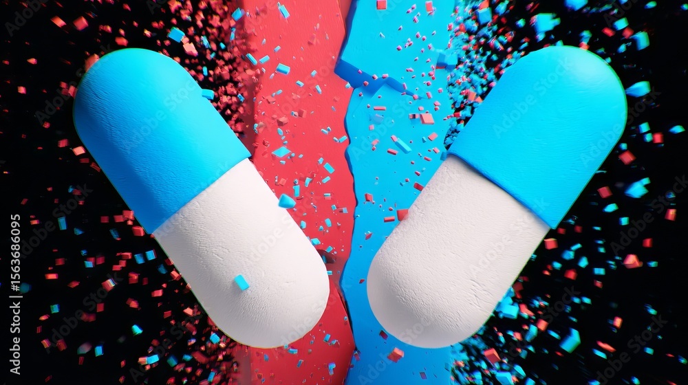 Aufkleber vibrant 3d illustration of two capsules bursting with colorful particles, showcasing a dynamic explo