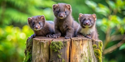 Three adorable young martens perched atop a mossy tree stump in a vibrant green forest setting