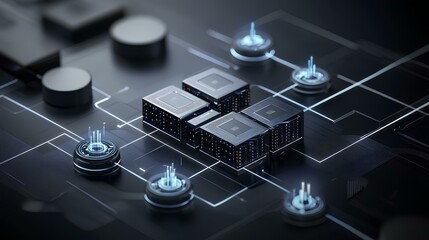 Circuit Board Futuristic: A close-up captures the intricate details of a modern circuit board, adorned with dynamic glowing elements and a sleek, futuristic aesthetic, symbolizing technology.