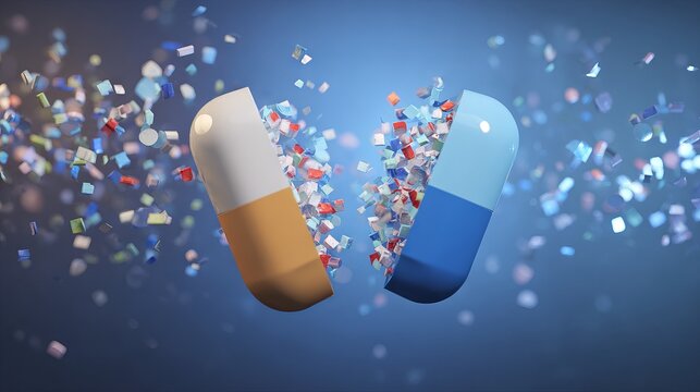 Colorful capsule splitting open, releasing vibrant particles into the air, illustrating the concept of medication, health, and pharmaceutical innovation in a dynamic visual representation