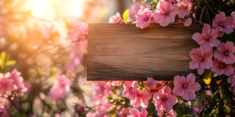Empty Wooden Signboard in Pink Flower Garden at Sunset