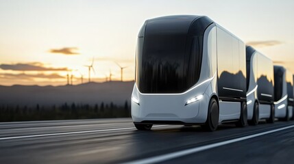 A fleet of autonomous electric vehicles quietly navigating a smart city powered entirely by renewable grid systems, envisioning a future of sustainable urban mobility