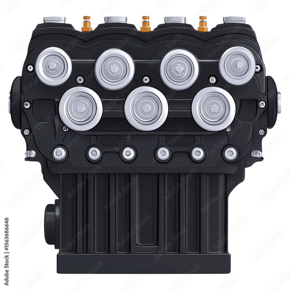 Poster detailed view of a black engine block with circular components and valves, isolated on transparent b