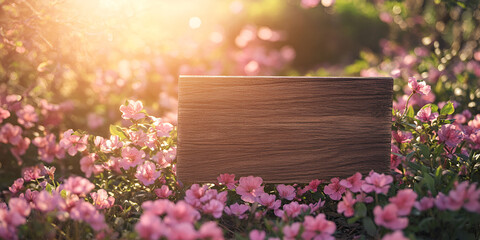 Empty Wooden Signboard in Pink Flower Garden at Sunset