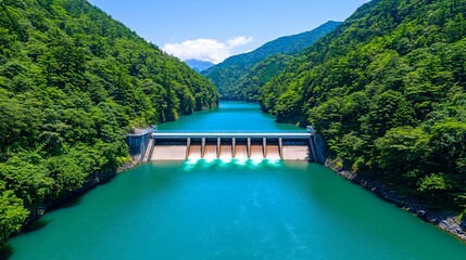 Naklejka premium A majestic river flowing cleanly through a reforested valley, with a small, efficient hydroelectric power plant subtly integrated into the landscape, emphasizing clean energy sources