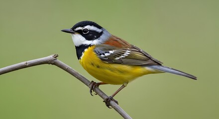 Fototapeta premium Close-up profile of a vibrant yellow and white breasted bird with black markings perched on a tree branch in a natural green blurred background