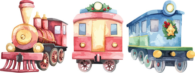 Watercolor Christmas Train Set with Engine and Passenger Cars on a White Background