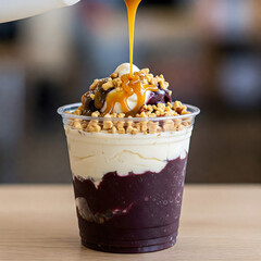 A rich dessert cup layered with dark açaí, creamy white layers, and topped with nuts and caramel sauce being poured. Generative AI.