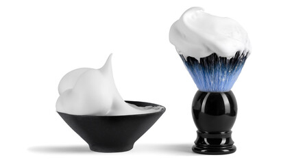 Transparent Background: Shaving Ritual Set - Fluffy White Foam in a Black Bowl and on a Blue-Tipped Shaving Brush, Ideal for Grooming Product Displays.

