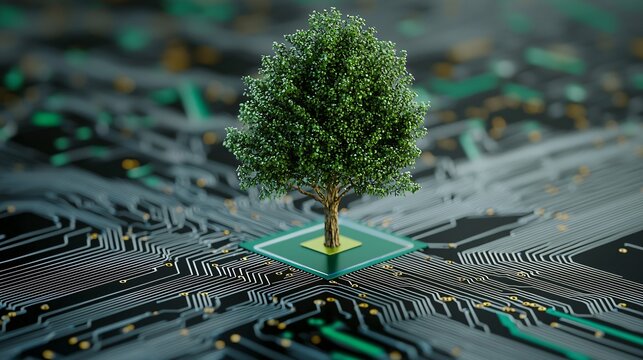 A symbolic image of a tree growing out of a circuit board, fusing nature with technology, representing green tech innovation and sustainable computing