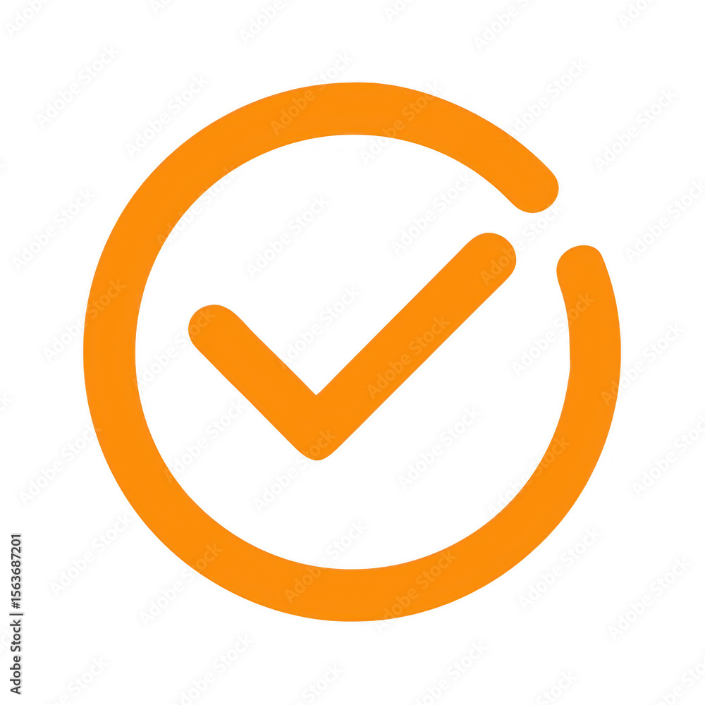 Poster orange check mark inside incomplete circle isolated on transparent background
