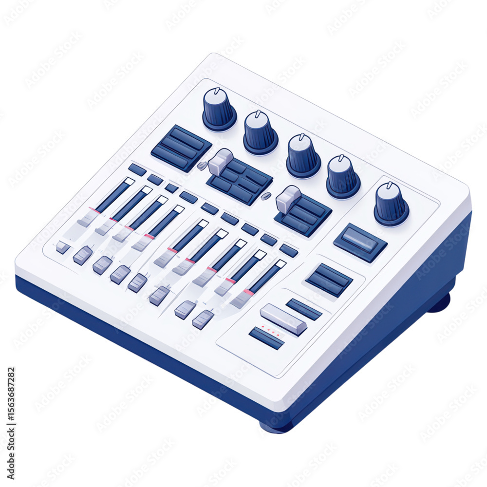 Poster modern audio mixer with faders and knobs for sound engineering and music production, isolated on tra