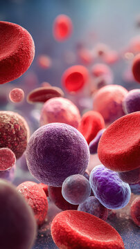 Microscopic view of red and purple blood cells floating in fluid environment, showcasing cellular structures and textures