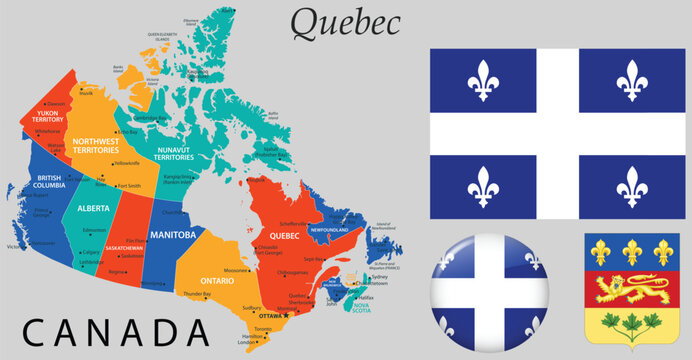 Vector of Quebec coat of arms, flag and map. Great for Canadian themed designs, education, government projects and cultural identity visuals.