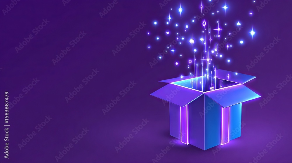 Poster magical open box with glowing stars and sparkles emerging from inside, set against a vibrant purple 
