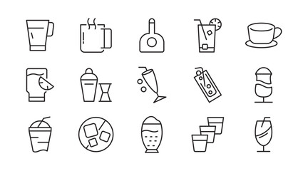 Drinks line icon set. Refreshing, garnishes, water, straws, craft beer, glassware, cocktail, coffee, tea, alcohol, relax, party, beer, bottle line icon set. Ui thin line icon pack.