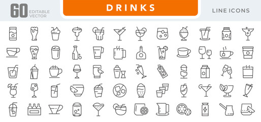 Drinks line icon set. Refreshing, garnishes, water, straws, craft beer, glassware, cocktail, coffee, tea, alcohol, relax, party, beer, bottle line icon set. Ui thin line icon pack.