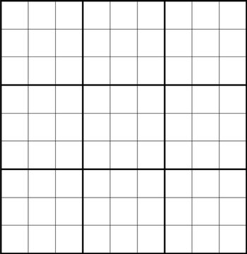 9x9 blank Sudoku puzzle grid, featuring bold dividing lines to highlight the 3x3 sub-grids. game creators, printable, brain training content, educational material, and puzzle design projects
