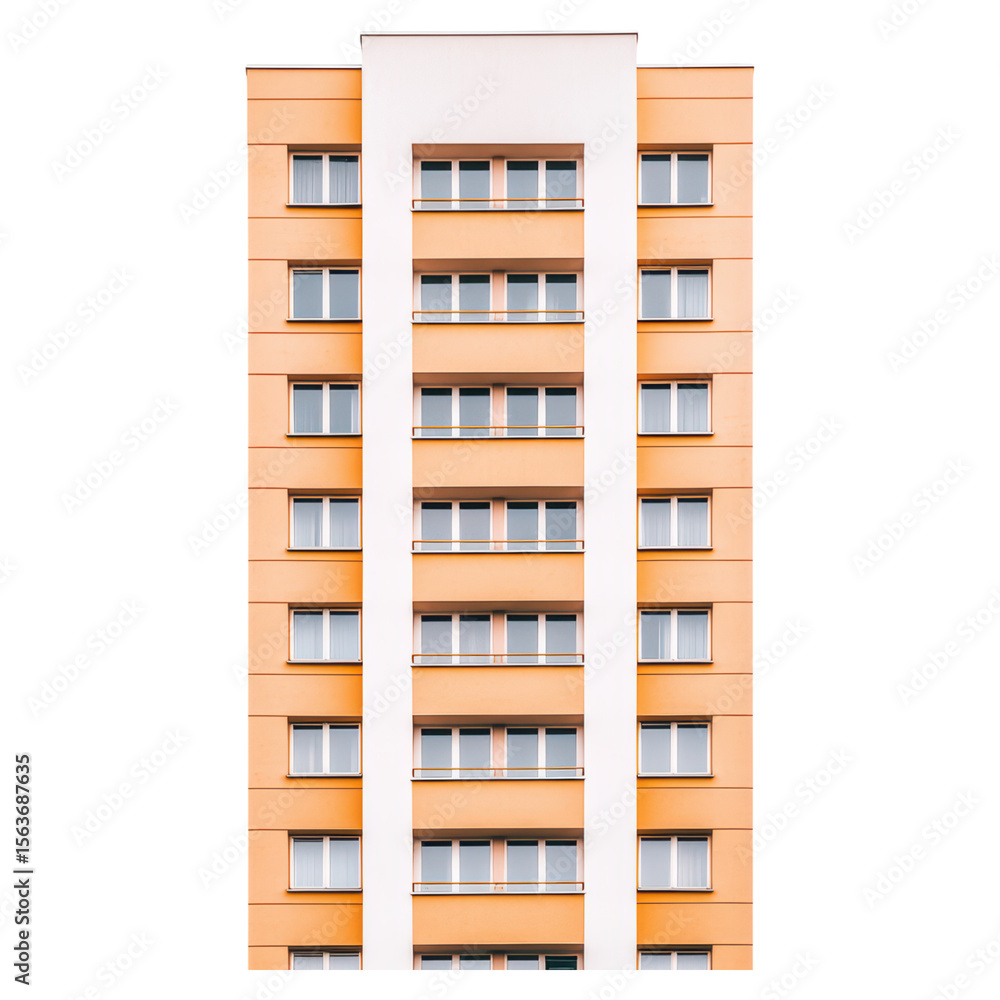 Poster modern orange apartment building with symmetrical design and windows, isolated on transparent backgr