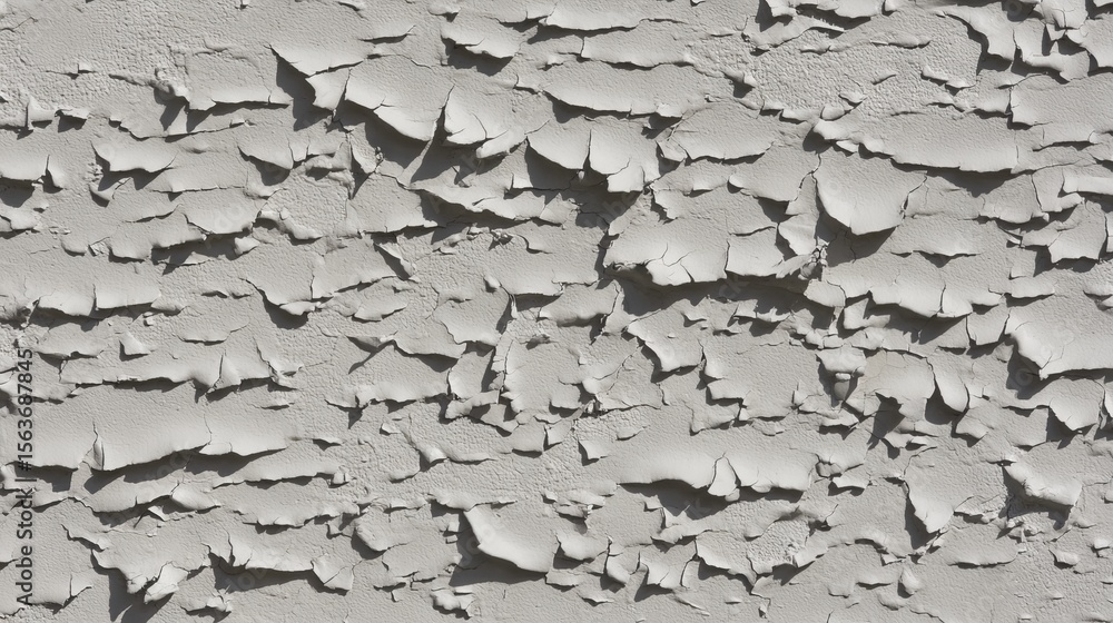 Poster textured wall surface with peeling white paint, showcasing layers of deterioration and wear, creatin