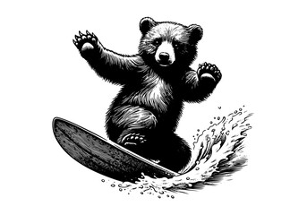 Animals Surfing Engraved Hand Drawn Natural Illustration Vector Isolated by AZ for Books, Arts, Design and Decoration Graphic Asset